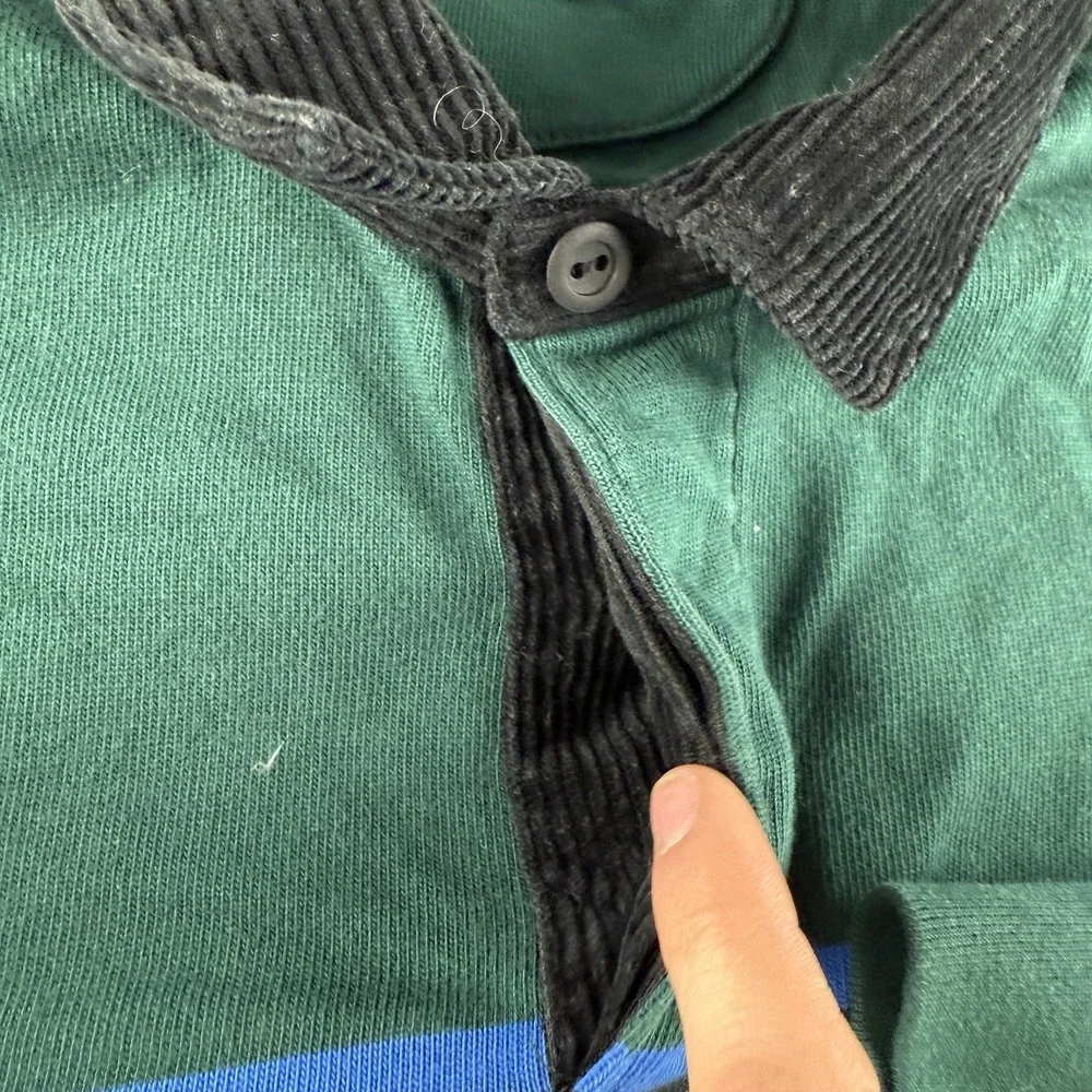 J Crew Shirt Men's L Green Rugby Polo Oarsman Corduroy Collar Striped Retro Y2K - Picture 5 of 9